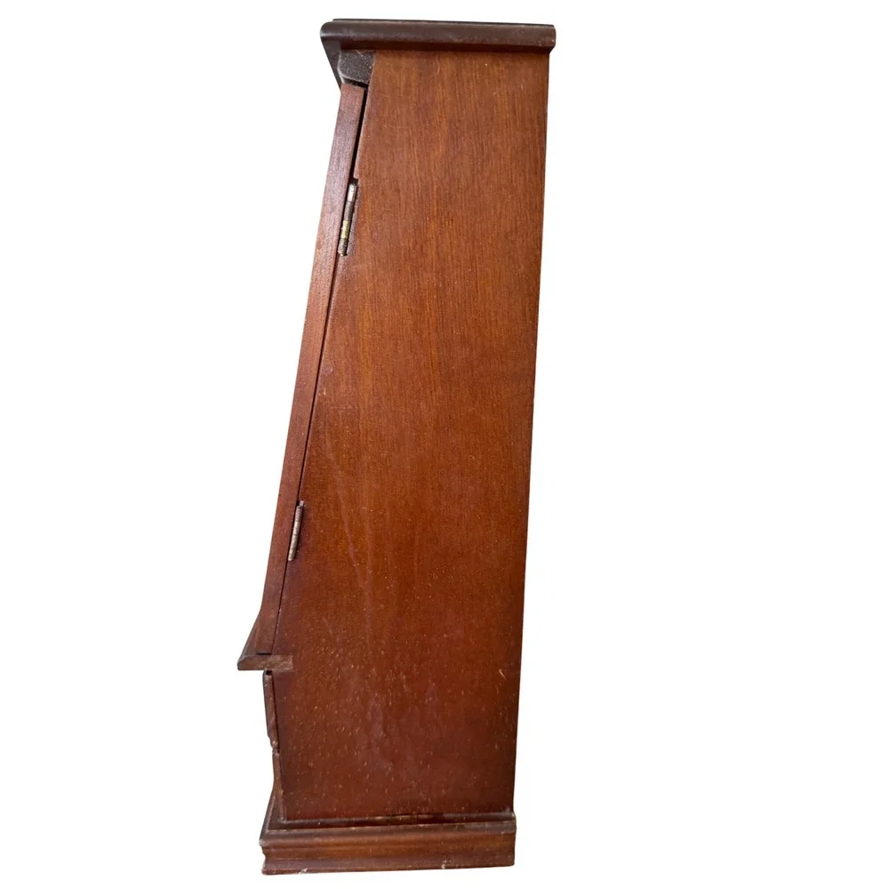 Vintage Wood Jewelry Armoire Etched Glass Floral Door Pink Lining 2 Drawers